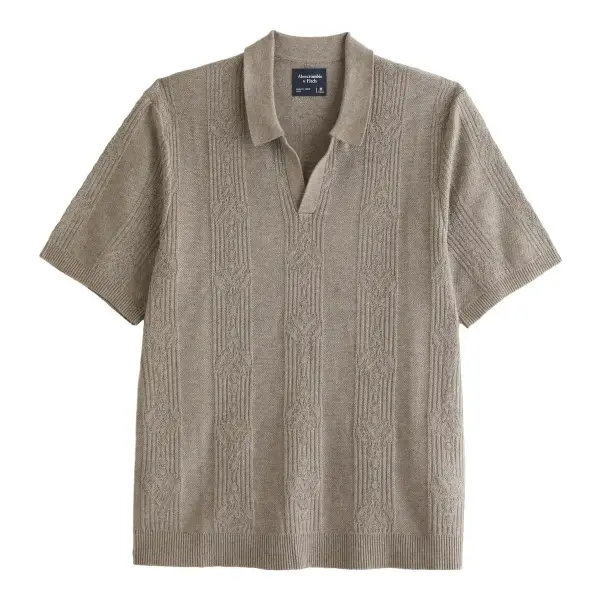 Textural Striped Johnny Collar Sweater Polo Top