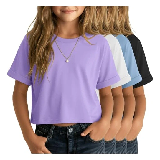 Mumucove 4 Pack Girls Crop Tops Kids Short Rolled Sleeve Shirts Loose Crew Neck Casual T-Shirts Cute Basic Summer Tees(Black, Sky Blue, White, Light Purple,13-14 Years)