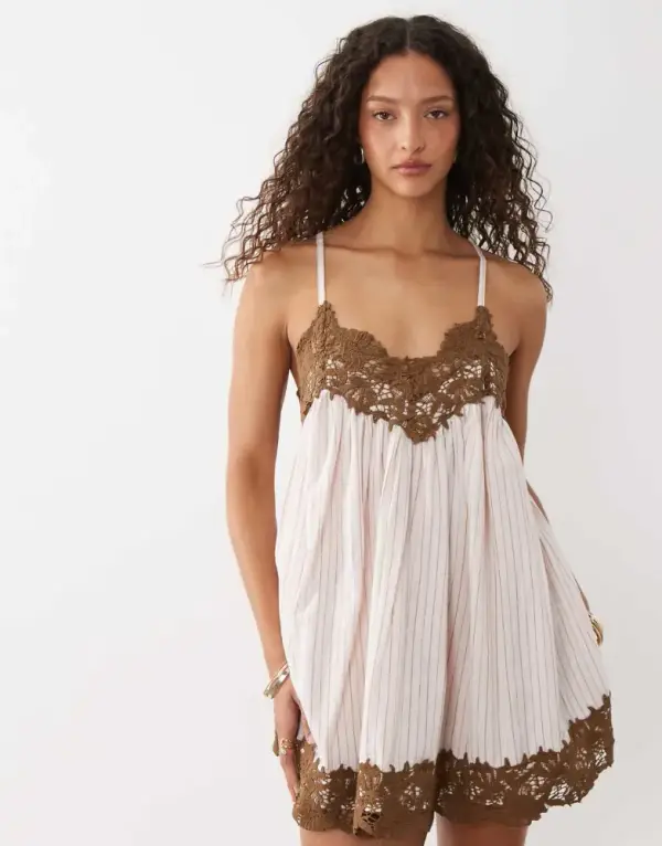 ASOS DESIGN V-neck cami mini dress with lace trim in pink and mocha stripe