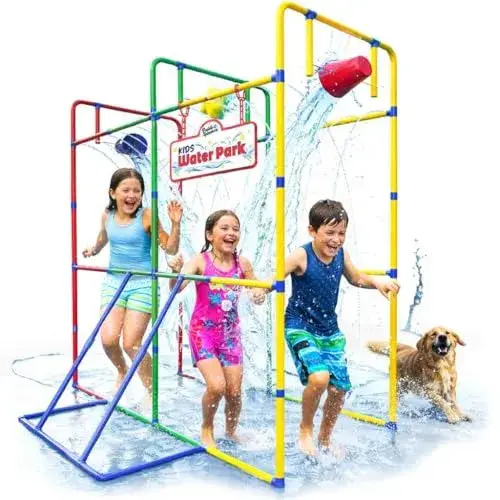 Backyard Waterpark with Splash Wheel, Dump Buckets for Kids Outdoor Water Play