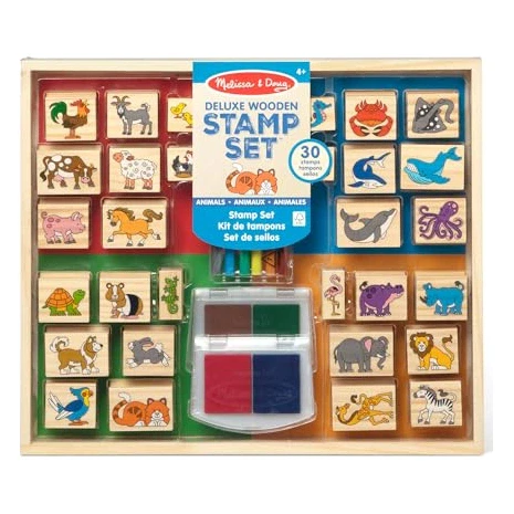 Melissa & Doug Deluxe Wooden Stamp Set: Animals - 30 Stamps, 6 Markers, 2 Stamp Pads