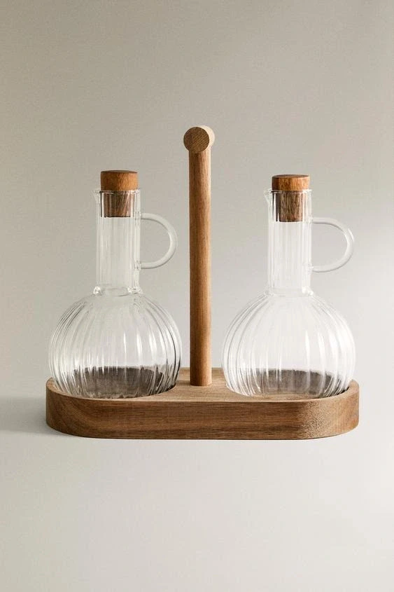 BOROSILICATE GLASS AND WOOD CRUET SET - Transparent - ONE SIZE ONLY