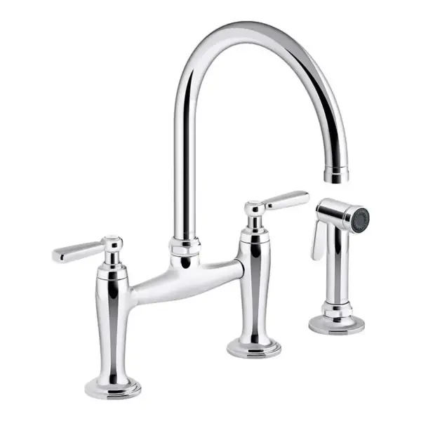 Kohler x Edalyn By Studio Mcgee Two Hole Bridge Kitchen Sink Faucet with Side Sprayer