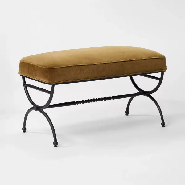 Traditional Cast Iron Bench with Upholstered Seat Cushion
