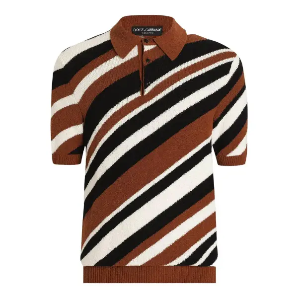 Short Sleeved Cotton Polo Shirt with Striped Inlay