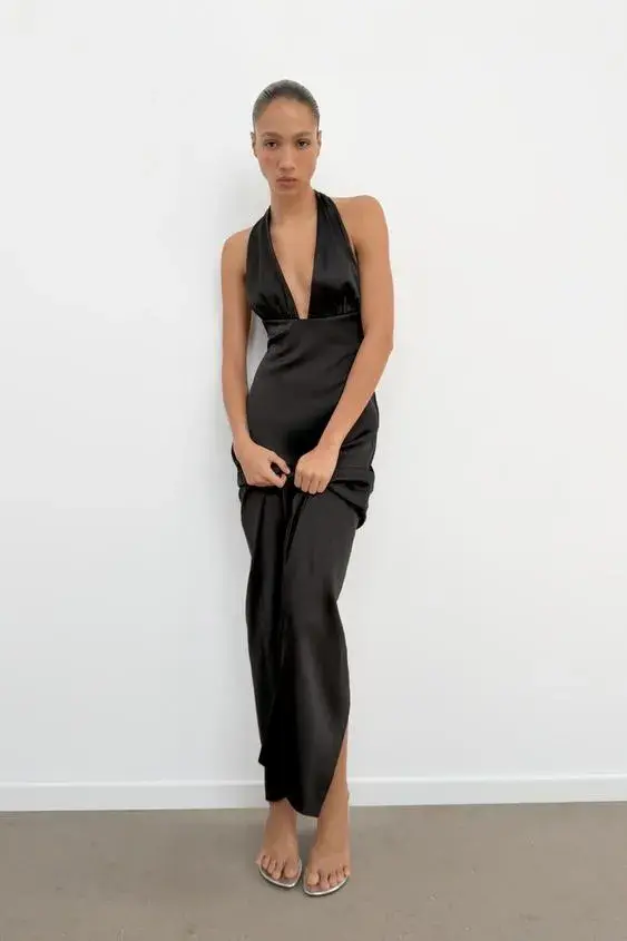 SATIN EFFECT LONG HALTER DRESS