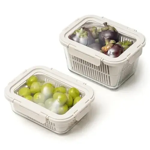 GENICOOK Glass Produce Storage Containers for Fridge, 2-Pack – Airtight Fruit & Vegetable Containers with Removable Colanders, Flexible Silicone Lids,LeakProof, BPA-Free Borosilicate Glass