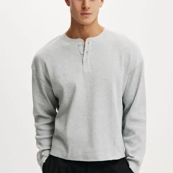 Relaxed Fit Textured Henley Long Sleeve Top