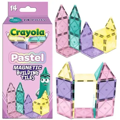 CreateOn Crayola Magnetic Tiles, Building Set for Kids, Magnetic Building Toys for Kids, STEM Travel, Easter Basket Gift for Boys and Girls Ages 3+, 14-Piece Set (Pastel)