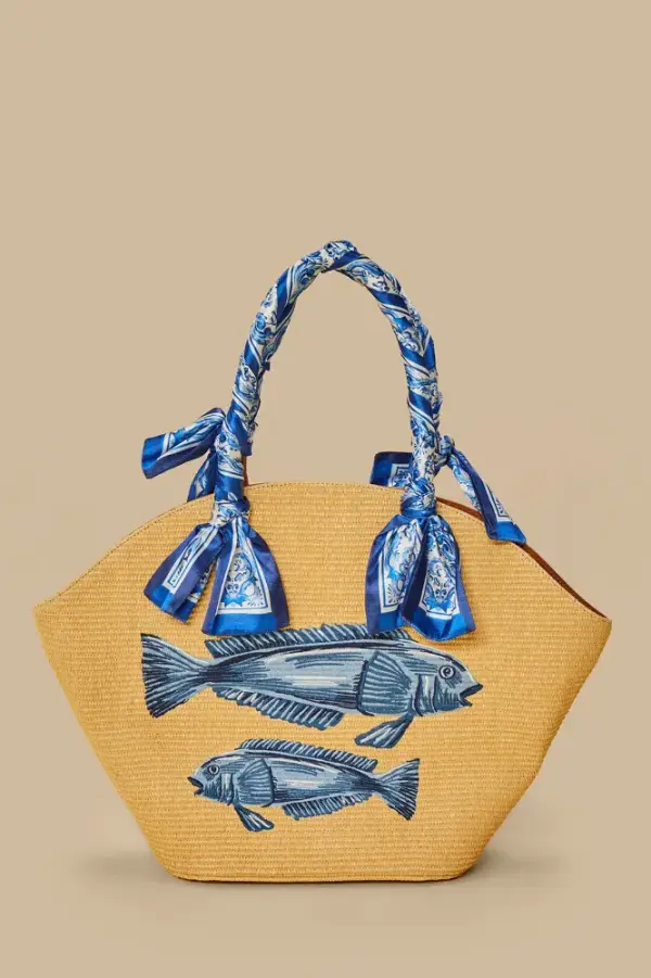 Blue Garden Tiles Raffia Shell Tote