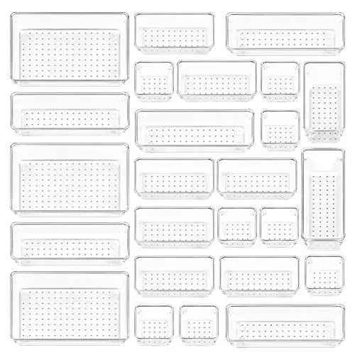 Vtopmart 25 PCS Clear Plastic Drawer Organizers Set, 4-Size Versatile Bathroom and Vanity Drawer Organizer Trays, Storage Bins for Makeup, Bedroom, Kitchen Gadgets Utensils and Office