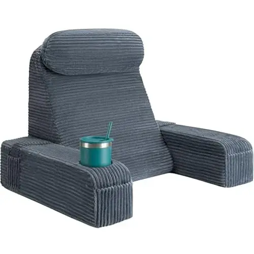 AS AWESLING Reading Pillow for Adults, Back Pillow for Bed Sitting Up, Backrest Pillow for Sitting in Bed, Detachable Arms with Built-in Cup & Phone Caddy (Dark Gray-Corduroy, 21 INCH)
