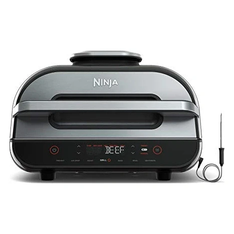 Ninja | Indoor Grill and Air Fryer| Foodi Smart XL | 6-in-1 Grill, Air Fry, Roast, Bake, Broil, Dehydrate & Crisp |Smart Thermometer & Splatter Shield | Dishwasher Safe Parts | Black/Silver | FG551