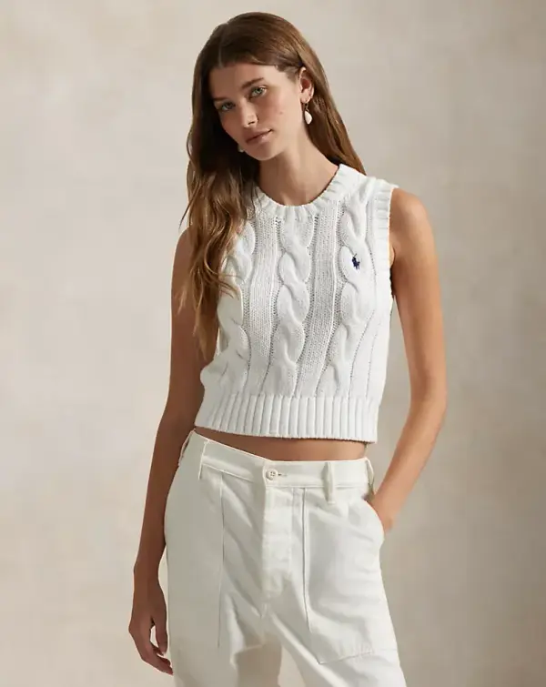 Cable-Knit Cotton Cropped Vest