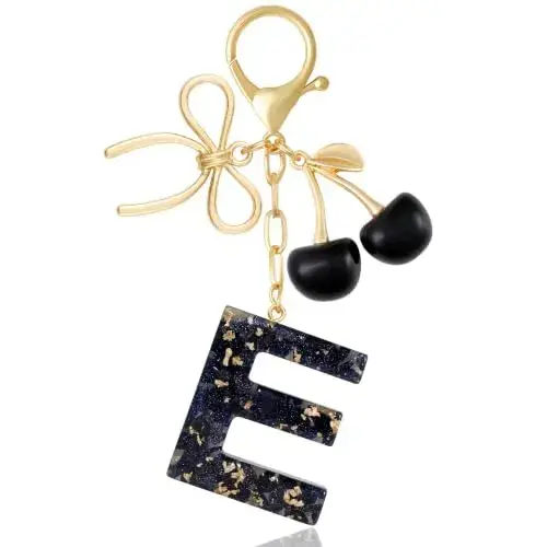 ANHBKAR Black Resin Initial Keychain with Cherry Bow, Letter E Bag Charm for Women (E-BLACK)