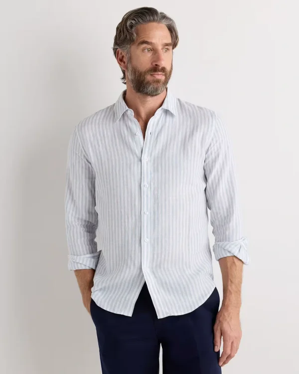 100% European Linen Long Sleeve Shirt in Sky Blue Mariner Stripe