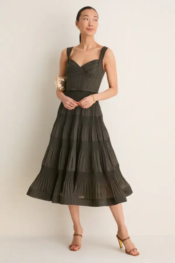 Olive Pleated Draped Midi Dress