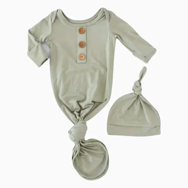 Caden Lane Bamboo Baby Knot Gown & Hat - Solid Moss, Newborn