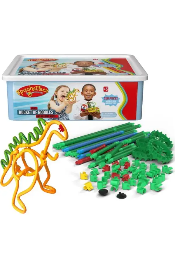 Spaghetteez Bucket of Noodles- Ultimate Flexible Connectible 200-piece STEM Building Set for Kids - Stretchy, Bendable Construction Toy for Creative Play- Ideal for Age 4+