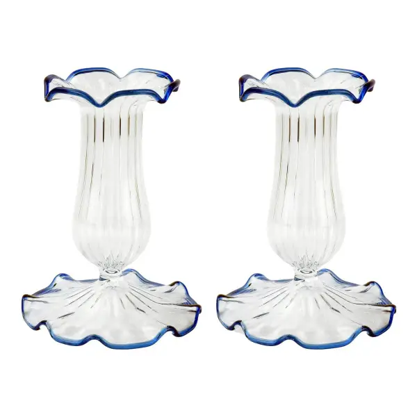 Set-Of-Two Small Scalloped Glass Candle Sticks