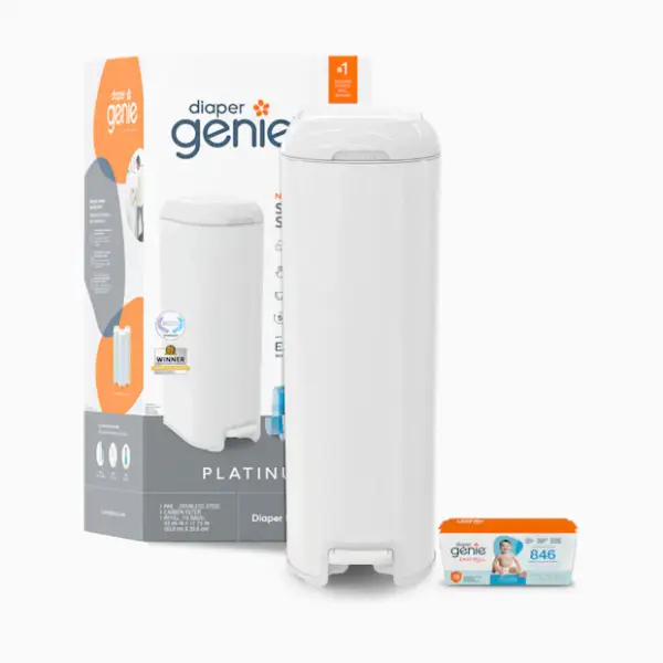 Diaper Genie Platinum Stainless Steel Diaper Pail with Easy Roll Refill Bags - White, Unscented
