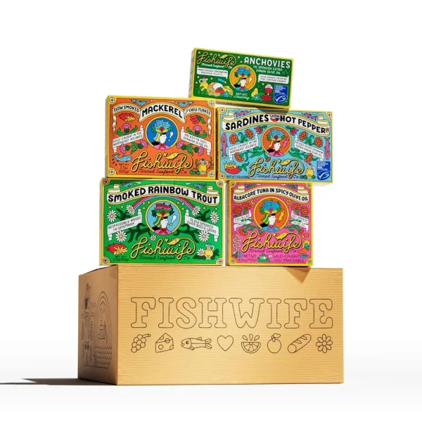 Fishwife Holiday Gift Set (5-Pack Variety with Cantabrian Anchovies, Sardines with Hot Pepper, Albacore Tuna in Spicy Olive Oil, Smoked Mackerel & Smoked Rainbow Trout)