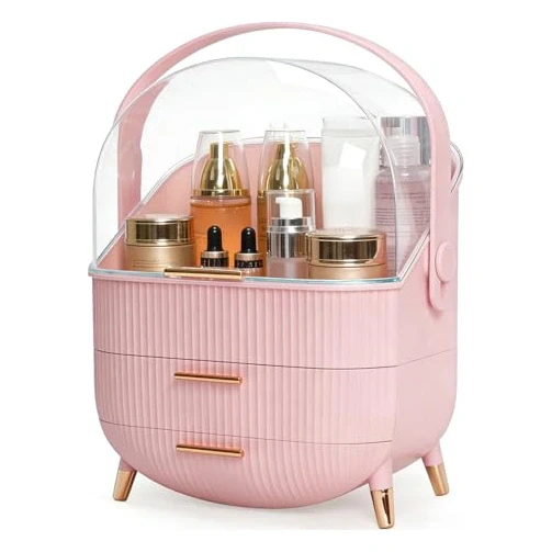 Bleutty Makeup Organizer with Drawers & Lid - Portable Large Cosmetic Storage Case for Vanity Countertop, Travel, Gift for Women, Girls, 11"×7"×15", Pink