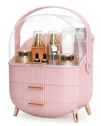 Bleutty Makeup Organizer with Drawers & Lid - Portable Large Cosmetic Storage Case for Vanity Countertop, Travel, Gift for Women, Girls, 11"×7"×15", Pink