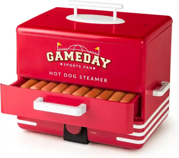 The , Game Day Hot Dog Steamer and Bun Warmer, Fits 20 Dogs and 8 Buns, Steams Pot Stickers, Veggies, Potatoes, and Other Appetizers or Toppings