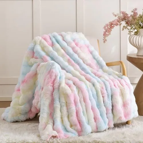 Smoofy Faux Fur Throw Blanket for Couch - Rainbow Super Soft Cozy Bubble Blanket, Fluffy Plush Fuzzy Throw for Sofa & Bed, Thick Lightweight Warm Blanket, Luxury Aesthetic Gift for Women 50"x60"