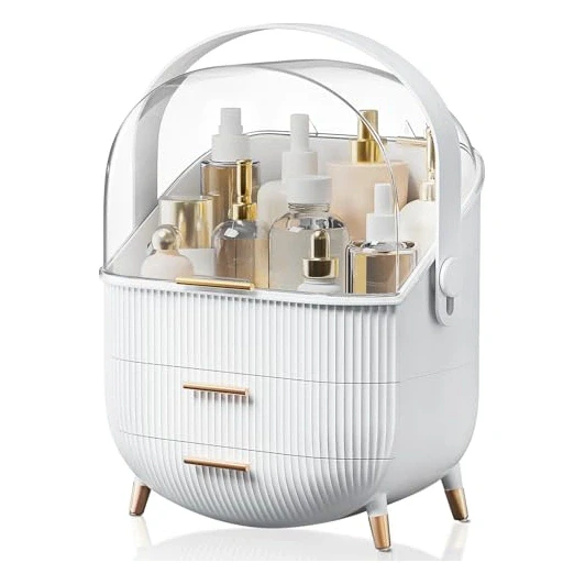 BTGGG Makeup Organizers, Make Up Organizer for Vanity, Countertop Cosmetic Storage with Drawers and Transparent Cover for Bedroom Bathroom, White