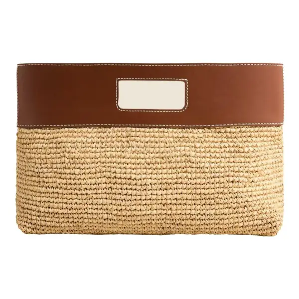 Handknotted Raffia Rectangular Clutch with Leather Handles