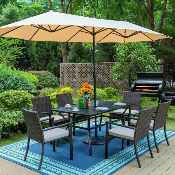 PHI VILLA Black 8-Piece Metal Slat Rectangle Table Patio Outdoor Dining Set with Umbrella and Rattan Chairs with Beige Cushion THD7-428-099 - The Home Depot