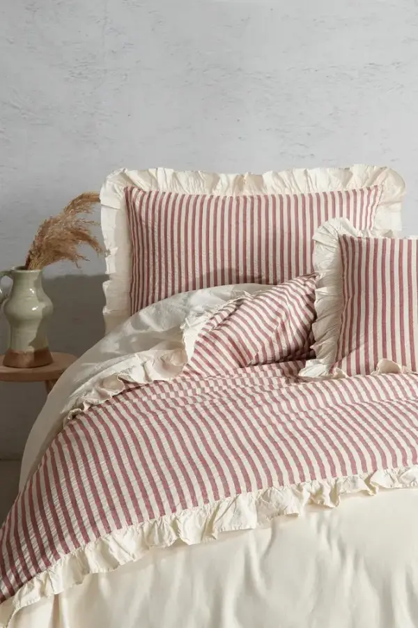 Cherry 100% Cotton Ruffle Yarn Dyed Double Duvet Cover, Modern Striped Comforter and Sheet Set, Stripes Comforter Set, Quilt Fastener Gift