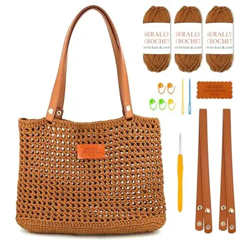 Herally Crochet Kit DIY Bag for Beginners - Include Yarn, Hook and Accessory - with Step by Step Video Tutorials - Crochet Tote Bag (Caramel)
