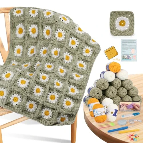 Coopay Crochet Blanket Kit for Beginners, All-in-One Granny Square Blanket Kit with Step-by-Step Video & Enough Yarns - Master Granny Square Crocheting Easily, Ideal Gift for Craft Lovers (Camel)