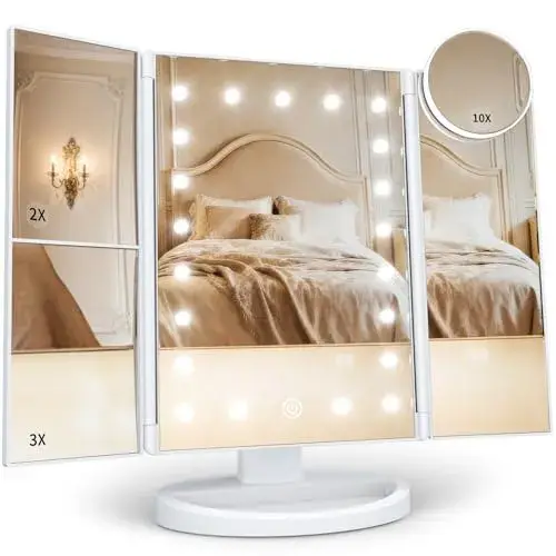 HUONUL Makeup Mirror, Vanity Mirror with Lights, 2X/3X/10X Magnification, Touch Control, Trifold, Dual Power Supply, Valentines Day Gifts for Her,Gifts for Women, Wife, Mom, Girls,Dorm Room Essentials
