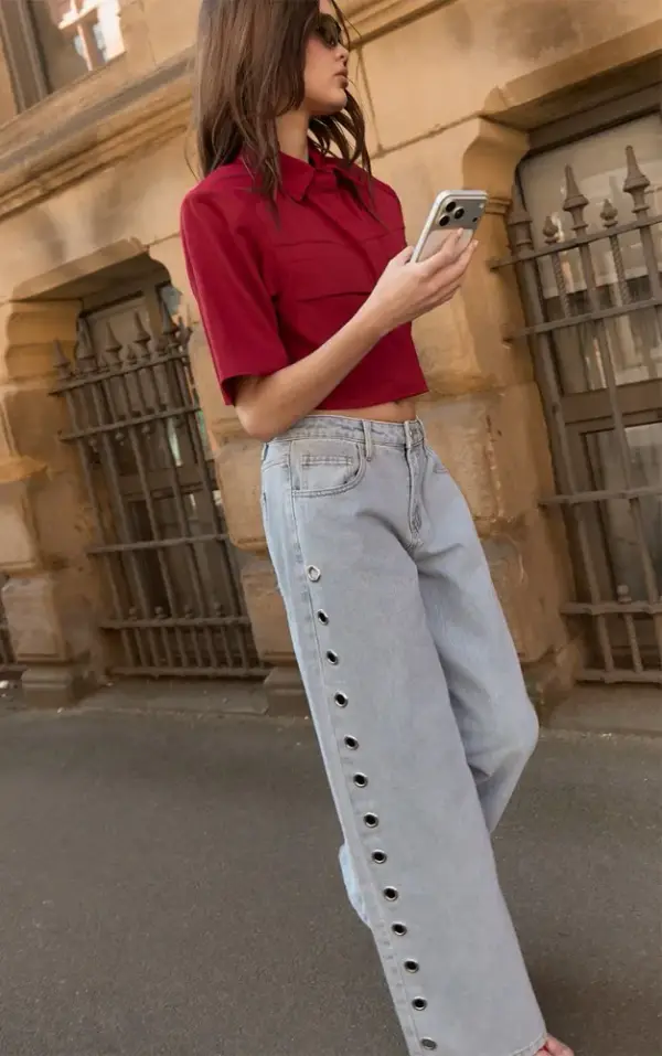 Ice Blue Eyelet Detail Wide Leg Jeans