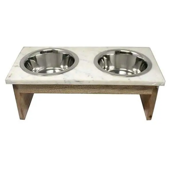 Wooden Double Dinner Dog Bowls With Marble Top