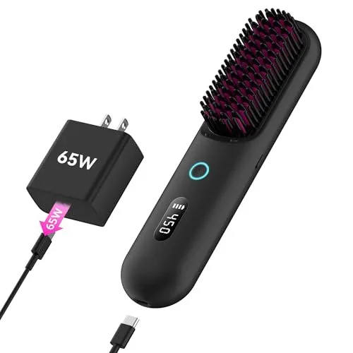 UPoetry Cordless Hair Straightener Brush – Portable Ionic Hot Comb with 65W Fast Charger, Mini Travel Hair Straightening Brush for Women, Lightweight for Home Or On-The-Go Styling (Black)