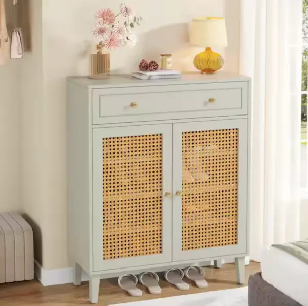 BYBLIGHT 43.7 in. H x 31.49 in. W Green Wooden Shoe Storage Cabinet with Rattan Doors, 16-Pairs of Shoes BB-F1880-XMX - The Home Depot