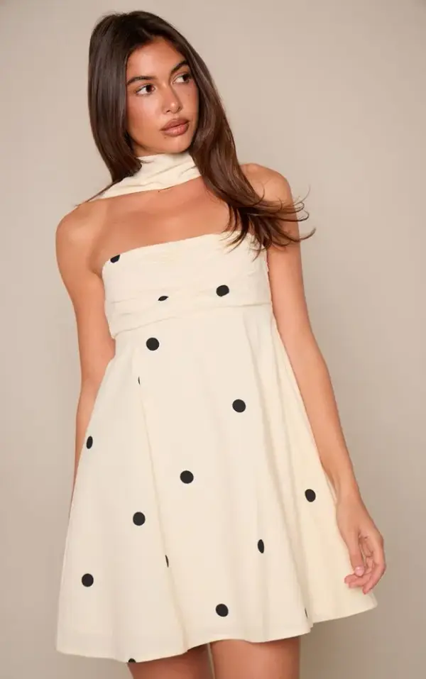 Monochrome Polka Dot Scarf Detail Shift Dress