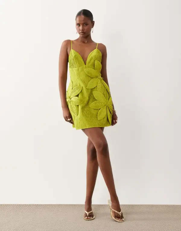 ASOS LUXE 3D floral cami mini dress with flowers in lime