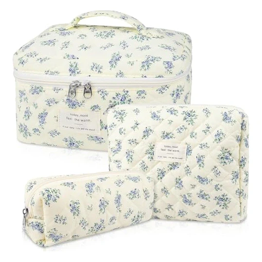 Makeup Bag Set, Quilted Makeup Bag, Large Floral Cosmetic Bag for Women, Cute Cotton Makeup Bags, Flower Travel Toiletry Organizer Bag (Blue Floer)