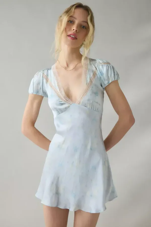 LoveShackFancy Sylara Short Sleeve Lace Trim Silk Mini Dress