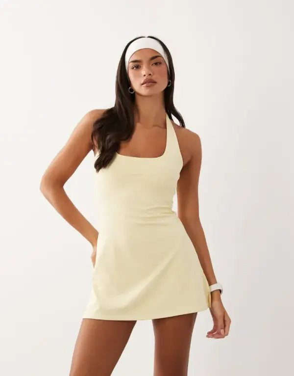 4505 active halter neck tennis dress with under shorts in butter yellow