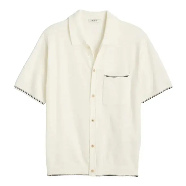 Tipped Knit Button-Up Cotton Shirt