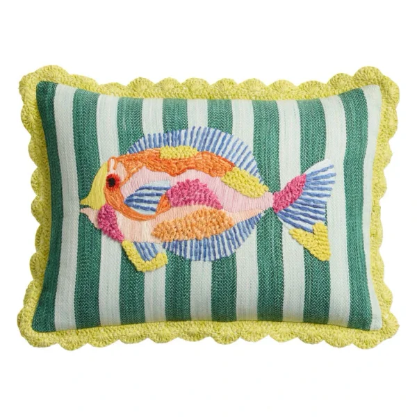 Green and Pink Fish Embroidered Indoor Outdoor Lumbar Pillow