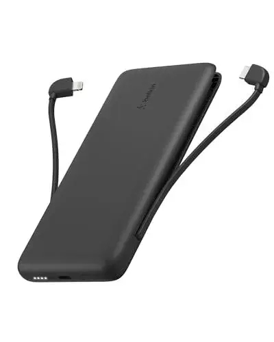 Belkin Portable Charger Power Bank for iPhone/Android (10,000mAh), 23W Battery Pack with Integrated USB-C, Lightning Cables, Pass-Through Capability, Charge 2 Devices at Once, Phone Charger Power Bank