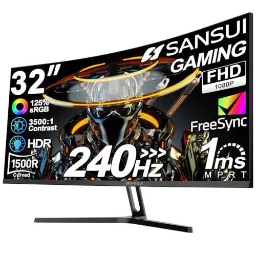 SANSUI 32 Inch Curved 240Hz Gaming Monitor High Refresh Rate, FHD 1080P Gaming PC Monitor HDMI DP1.4, Curved 1500R, 1Ms MPRT, HDR,Metal Stand,VESA Compatible(DP Cable Incl.)
